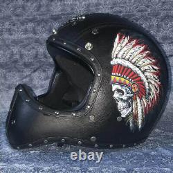 Deluxe Leather Full Face Motorcycle Helmet Indian Feather Motocross Racing S