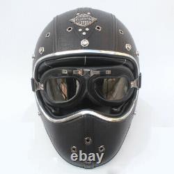 Full Face Motorcycle Helmet Deluxe Leather withGoggles Cruiser Street Motocross XL