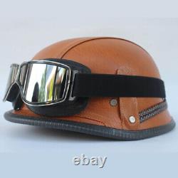 Leather German Motorcycle Half Helmet with Motocross Goggles for Scooter Chopper
