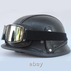 Leather Motorcycle Half Helmet Skull Cap withMotocross Goggles for Scooter Chopper