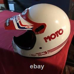 Vintage BELL MOTO 3 Pro HELMET Adult Large White red accents visor cracked