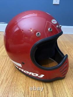 Vintage Bell Moto 3 III Motorycle Motocross Helmet Red White Stripe Size 7 & 1/2
