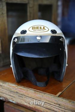 Vintage Bell Motorcycle Helmet Sprint Open Face White Gold 80s with Visor L/XL