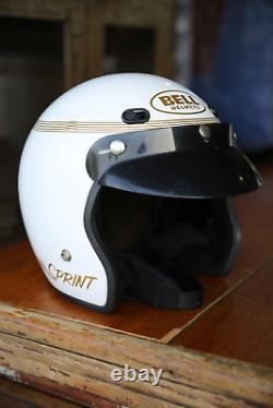 Vintage Bell Motorcycle Helmet Sprint Open Face White Gold 80s with Visor L/XL