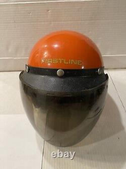 Vintage Firstline Orange Motorcycle Motocross Helmet with Chin Strap & Visor