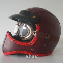Vintage Motorcycle Helmet Full Face Deluxe PU Leather Motocross Racing Offroad L