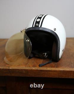 Vintage Motorcycle Helmet Racing Stripe Bubble Shield white black Bell Buco etc