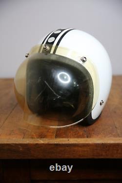 Vintage Motorcycle Helmet Racing Stripe Bubble Shield white black Bell Buco etc