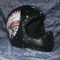 Vintage Motorcycle Leather Helmet Full Face Indian Feather Motocross Street XL