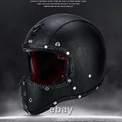 Vintage PU Leather Motorcycle Helmet Full Face Motorbike Scooter Motocross Crash