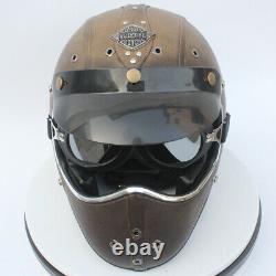 Vintage PU Leather Motorcycle Helmet Full Face withGoggles Cruiser Motocross L
