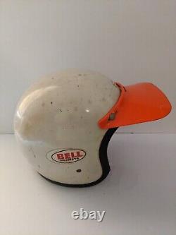 Vtg BELL 1970 Super Magnum Toptex White Helmet Size 7 1/4 + Orange Visor RARE
